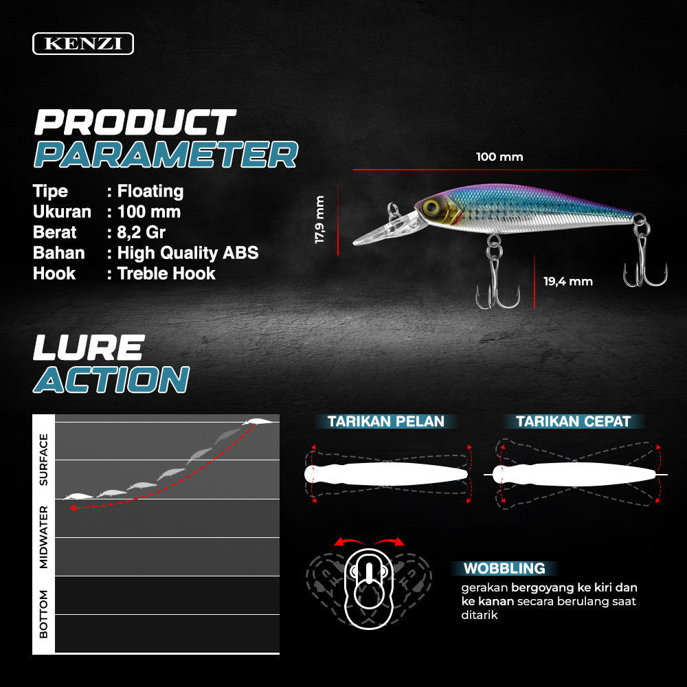 KENZI NORI  100mm 8.2gr - Umpan Pancing MINNOW FLOATING Lure Mancing Tiruan Ikan Air Laut & Tawar Hard Bait