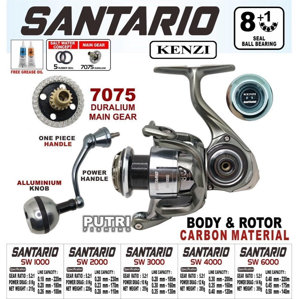 KENZI SANTARIO SW REEL 1000 2000 3000 4000 6000 FULL CARBON BODY GEAR DURALIUM 7075 8+1 BB Spinning