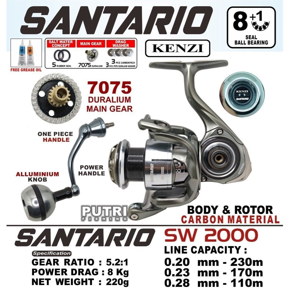KENZI SANTARIO SW REEL 1000 2000 3000 4000 6000 FULL CARBON BODY GEAR DURALIUM 7075 8+1 BB Spinning
