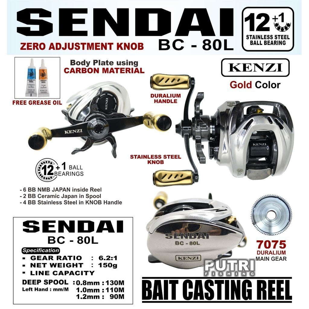 KENZI SENDAI BC - 80L Drag Kuat 7075 Duralium Gear 12+1 Ball Bearing Carbon Body Baitcasting Reel Pancing