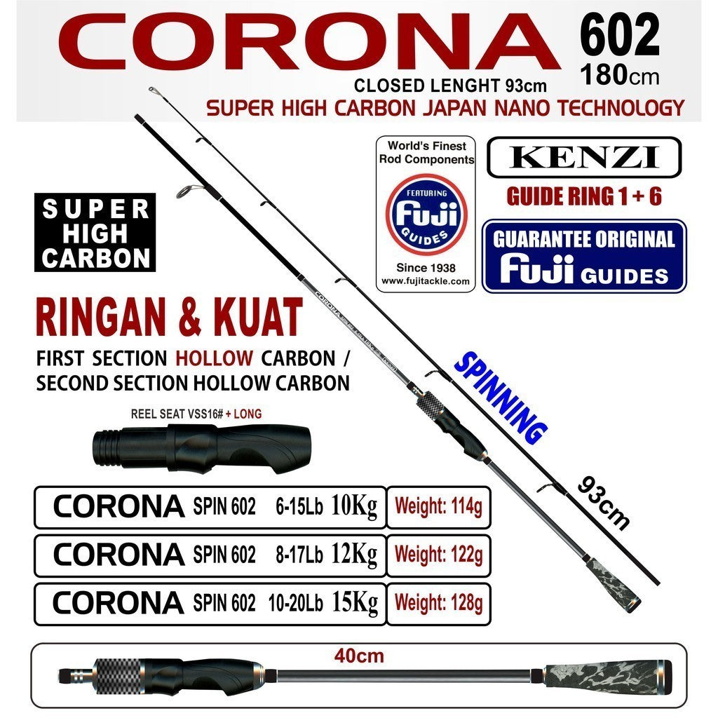 KENZI CORONA 602 SPINNING Fuji Guides Hollow Carbon 6-15lbs 8-17lbs 10-20lbs - Joran Stik Pancing