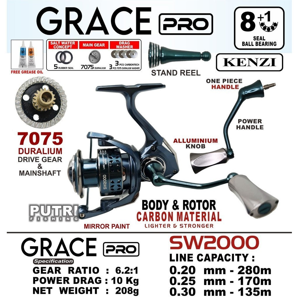 KENZI GRACE PRO SW REEL 2000 3000 4000 Spinning Carbon Body Mirror Paint Premium One Piece Power Handle One Way with Reel Stand - Gulungan Pancing