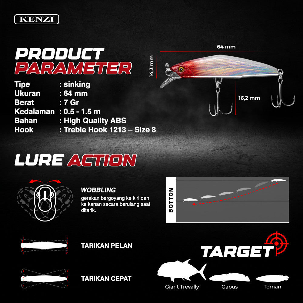 Umpan LURE KENZI PEARL 65mm 7gr - SINKING Lures Umpan Pancing Tenggelam Ikan Predator Galatama Sungai Hook Treble Hook Size 8 Tajam