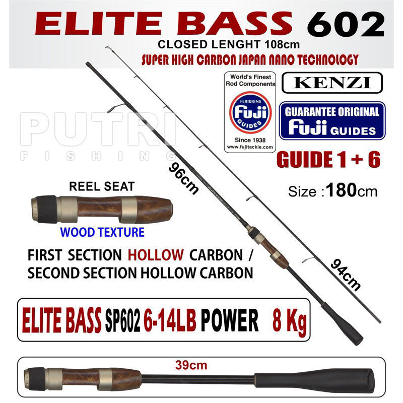 KENZI ELITE BASS 602 Hollow Carbon Spinning Full Fuji Guides 6-14lbs 7-15lbs 8-17lbs 10-20lbs - Joran Stik Pancing