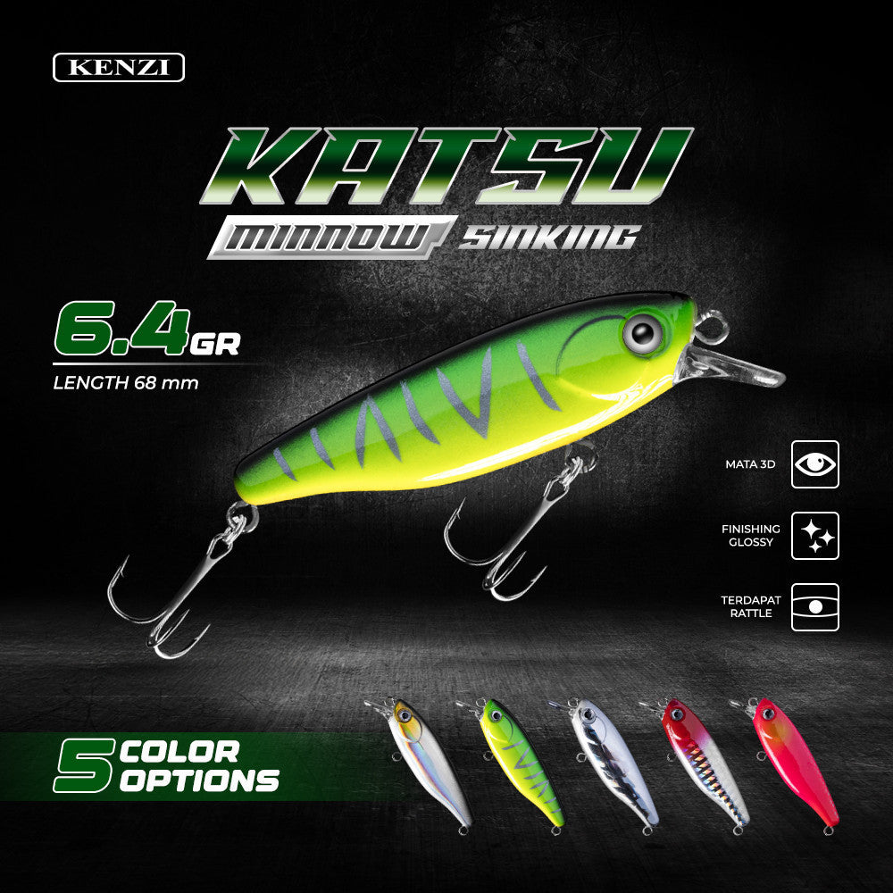 KENZI KATSU LURE 68mm 6.4g - Action Sinking 0.5–1.5m | Treble Hook 1213 Size 8 | Mata 3D Realistic Eyes | Warna Holographic Umpan Tiruan