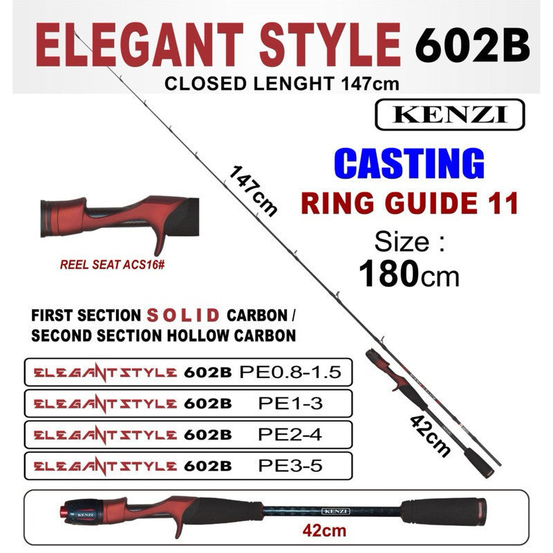 KENZI ELEGANT STYLE 602 SPINNING BAITCASTING Solid Carbon PE0.8-1.5 1-3 2-4 3-5 - Joran Stik Pancing