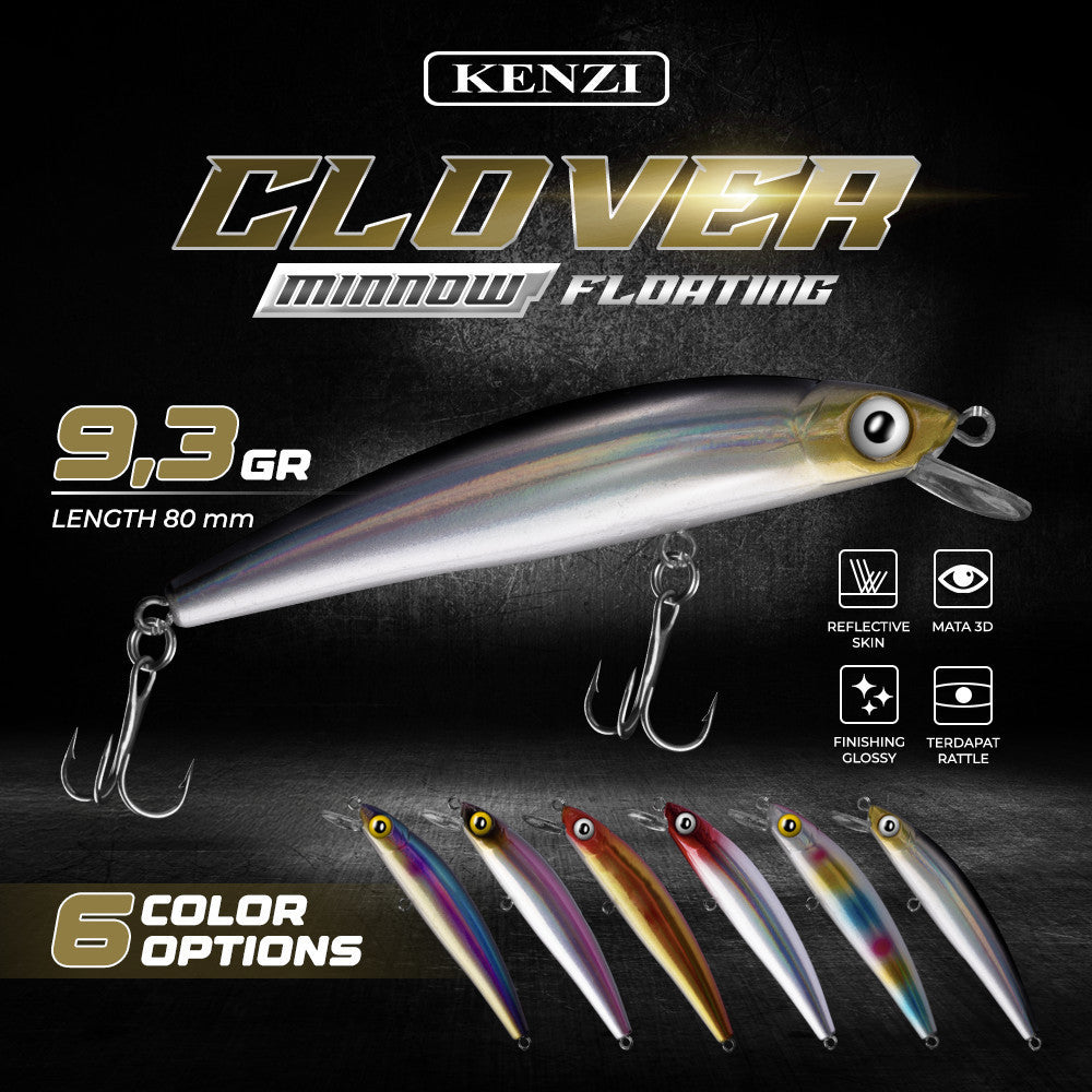 Umpan LURE KENZI CLOVER 80mm 9.3gr - MINNOW FLOATING Umpan Pancing Gabus Nila Hampala Lures with Treble Hook Tajam Kuat