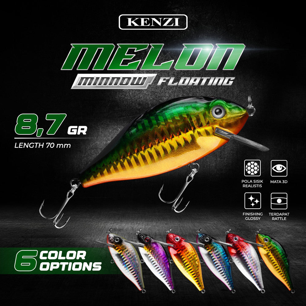 Umpan LURE KENZI MELON 70mm 8.7gr - MINNOW FLOATING Lures Reflektif Treble Hook Tajam Kuat Crankbaitt Umpan Pancing
