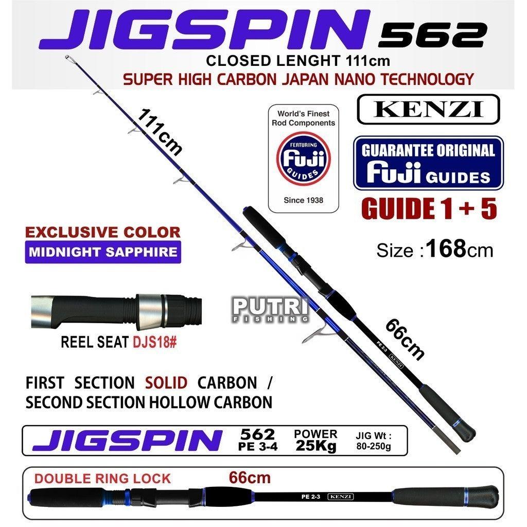 Joran KENZI JIGSPIN 562 Full Fuji Guides Power 35Kg Double Ring Lock Super High Carbon Nano Spinning Jigging Rod