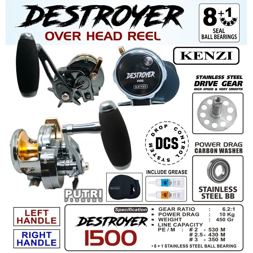 KENZI DESTROYER Overhead Reel 1500 2000 3000 Reel Pancing Laut Kuat 8+1BB Drag 10-12Kg Left/Right Handle Stainless Steel Drive Gear