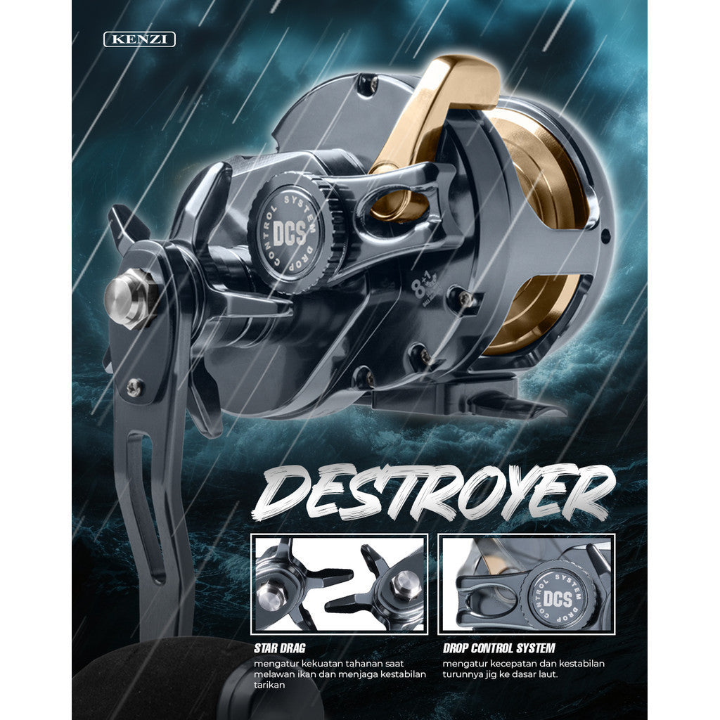 KENZI DESTROYER Overhead Reel 1500 2000 3000 Reel Pancing Laut Kuat 8+1BB Drag 10-12Kg Left/Right Handle Stainless Steel Drive Gear