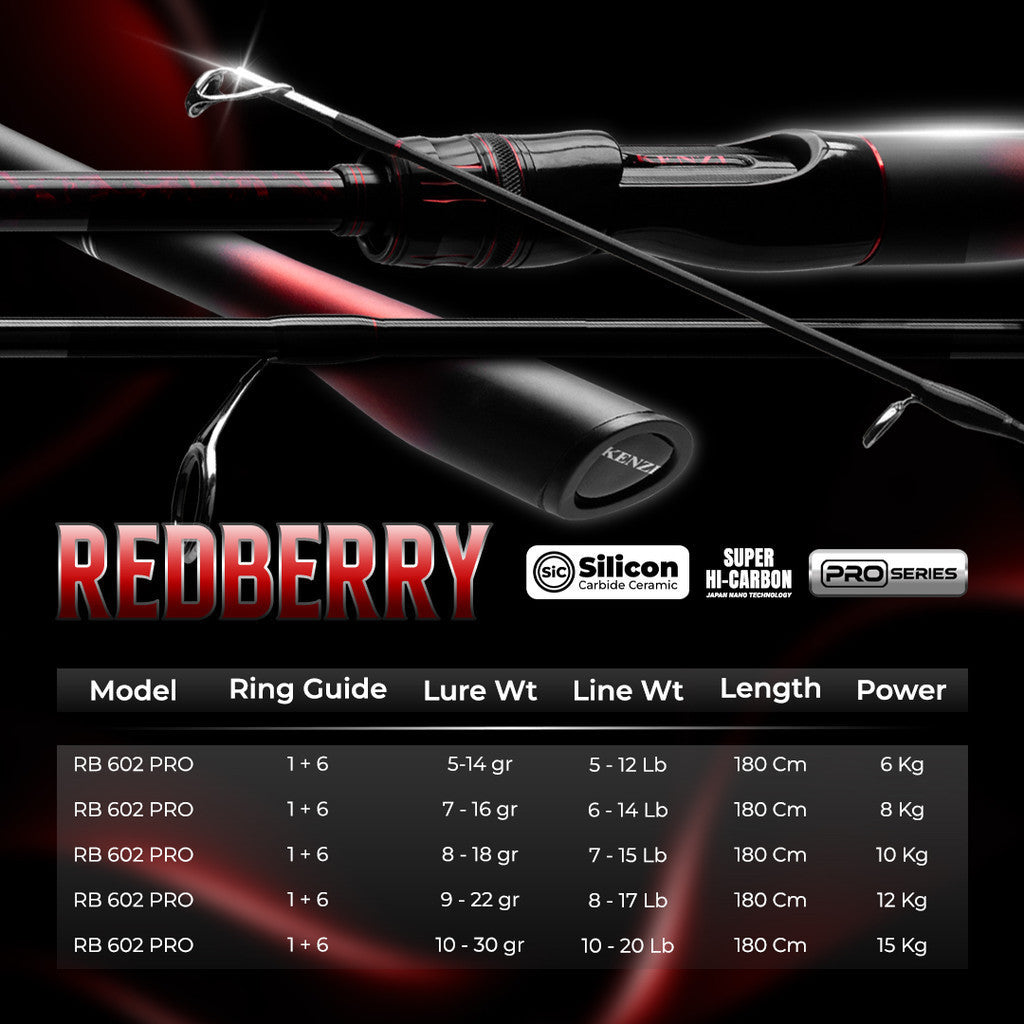 JORAN KENZI REDBERRY PRO 602 SiC Guide Stainless Frame Carbon Solid Anti Korosi 1.8m 5-12lbs 6-14lbs 7-15lbs 8-17lbs dan 10-20lbs Spinning