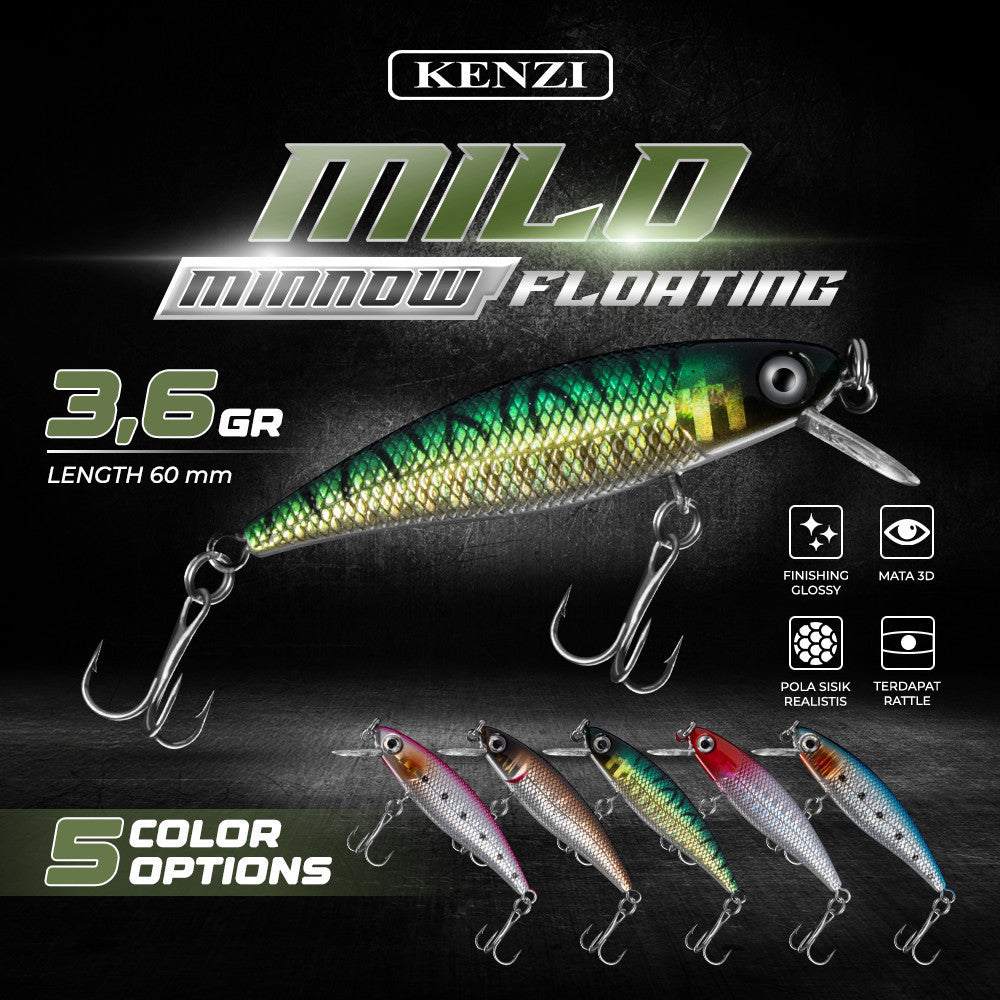 KENZI MILO  60mm 3.6gr - Umpan Pancing MINNOW FLOATING Lure Mancing Tiruan Ikan Air Laut & Tawar Hard Bait