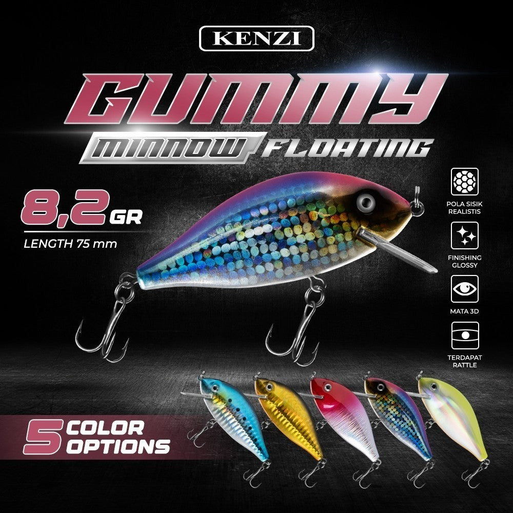 KENZI GUMMY  75mm 8.2gr - Umpan Pancing MINNOW FLOATING Lure Mancing Tiruan Ikan Air Laut & Tawar Hard Bait