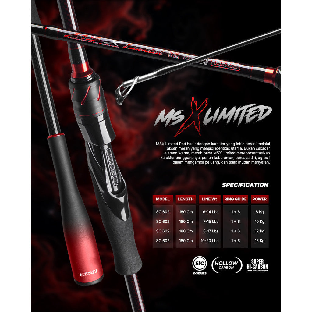 KENZI MS-X LIMITED 602 Spinning Hollow Carbon Casting 6-14lbs 7-15lbs 8-17lbs 10-20lbs - Joran Stik Pancing