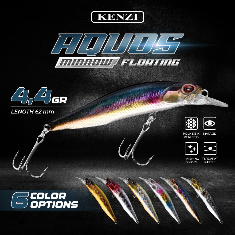 Umpan LURE KENZI AQUOS 62mm 4.4gr - MINNOW FLOATING Umpan Pancing Tiruan Ikan Mainan Lures AIr Tawar & Laut