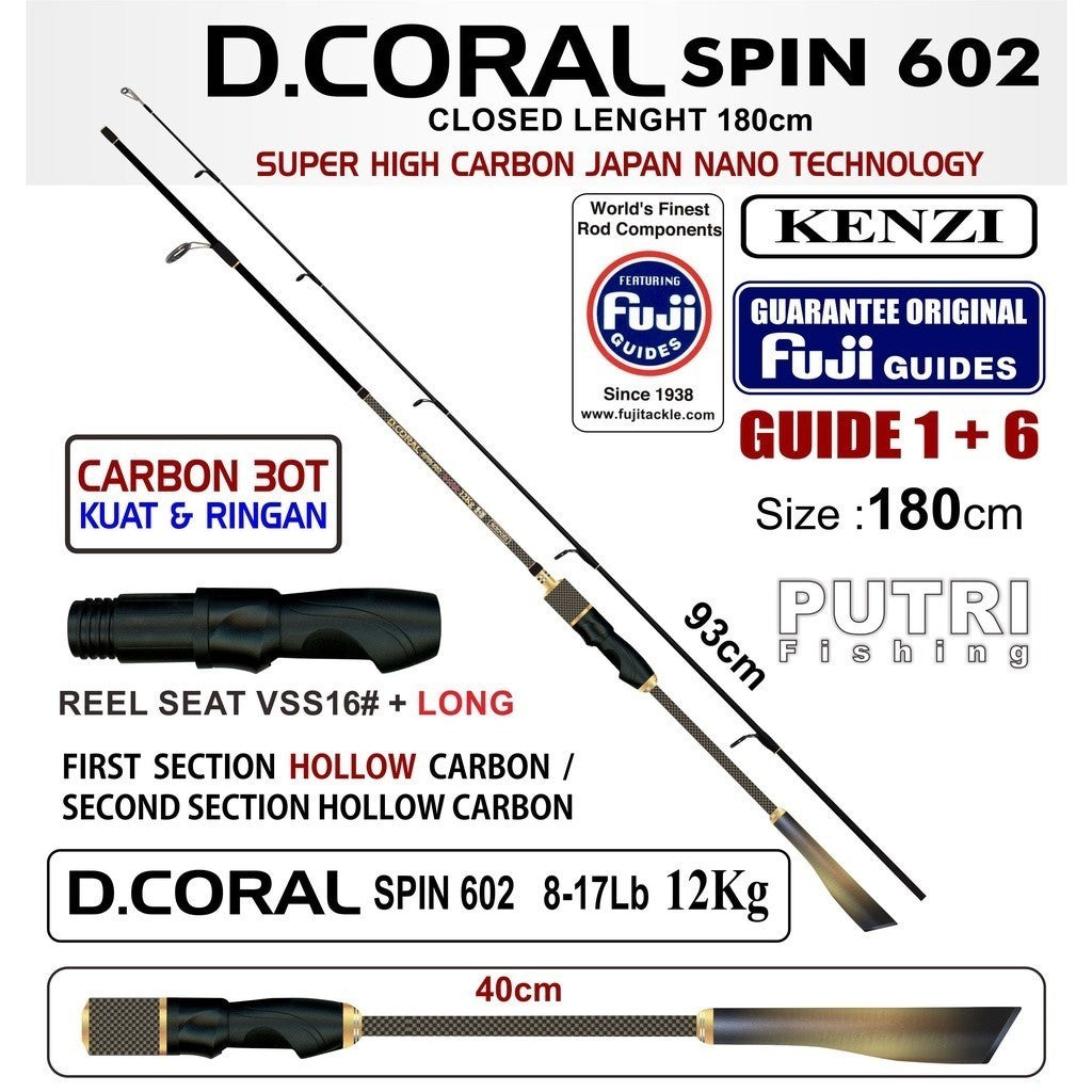 KENZI D'CORAL 602 Fuji Guides Hollow Carbon 6-15lbs 8-17lbs 10-20lbs Spinning - Joran Stik Pancing