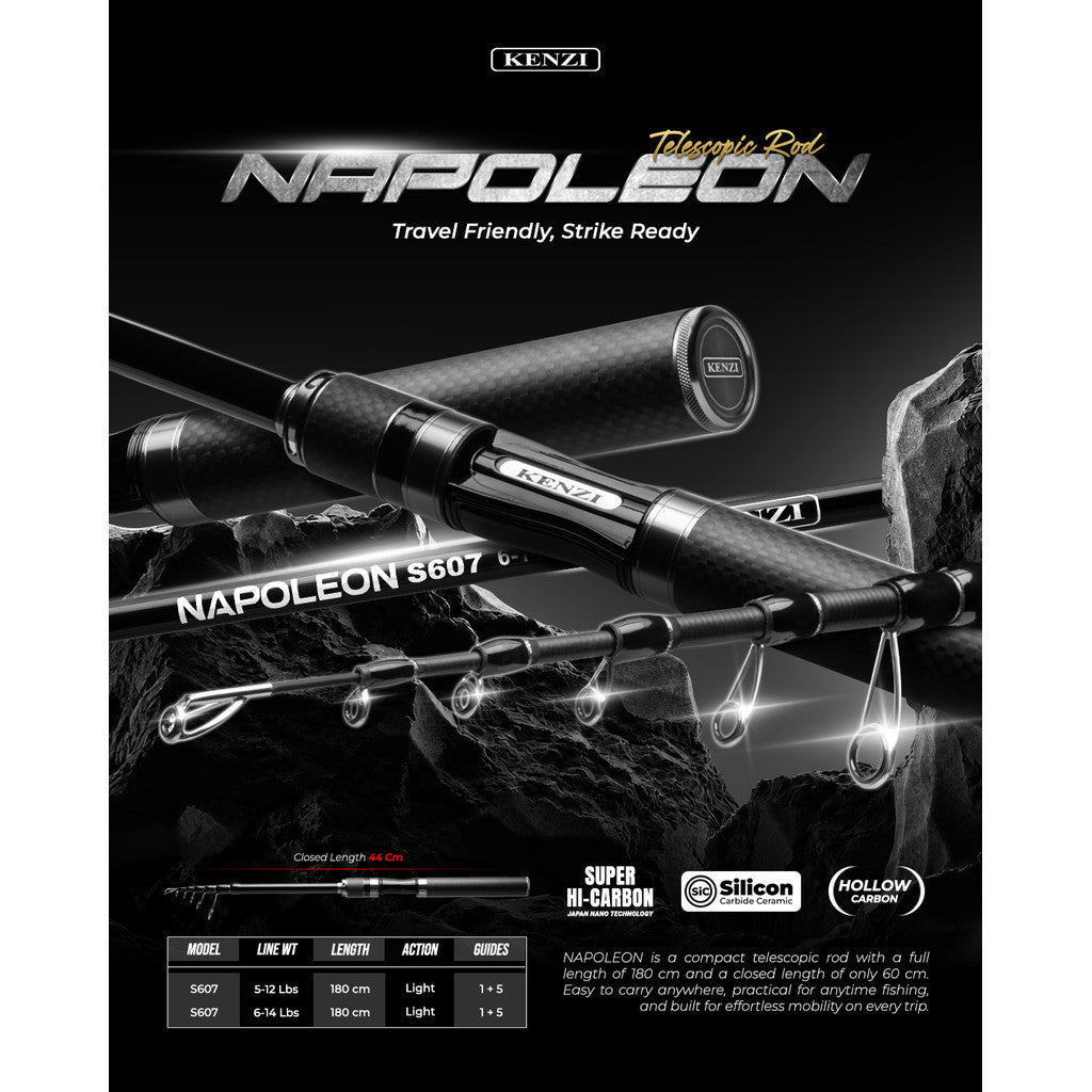 Joran Antena KENZI NAPOLEON 180cm Telescopic Rod 4-10 Lbs 5-12lbs 6-14lbs Carbon Hollow Ring SiC Anti Korosi