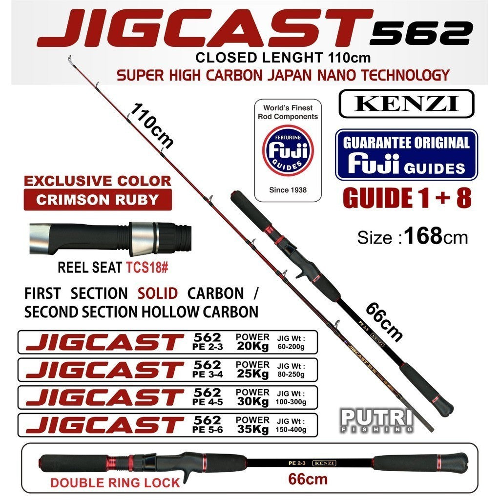 KENZI JIGCAST 562 Joran Jigging Baitcasting Fuji Guides Power Up To 35Kg Double Ring Lock Reel Seat TCS18 BC ROD