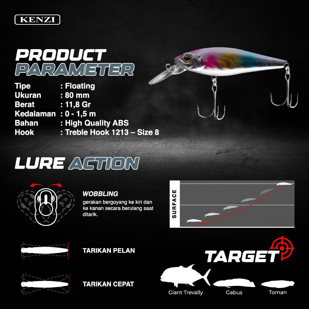 Umpan LURE KENZI MAKO 80mm 11.8gr - MINNOW FLOATING Lures Mata 3D Hook Tajam Kuat Gabus Kerapu Umpan Pancing Realistik