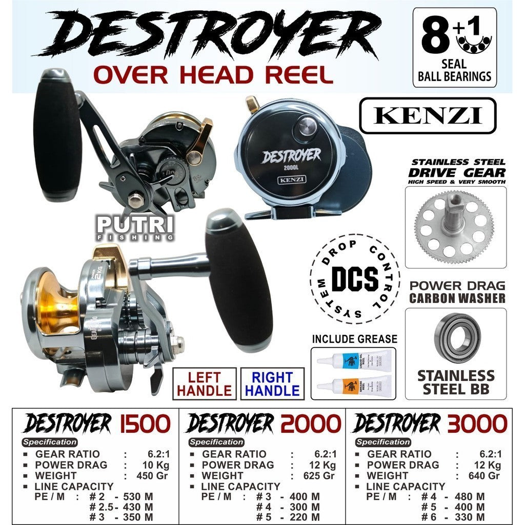 KENZI DESTROYER Overhead Reel 1500 2000 3000 Reel Pancing Laut Kuat 8+1BB Drag 10-12Kg Left/Right Handle Stainless Steel Drive Gear