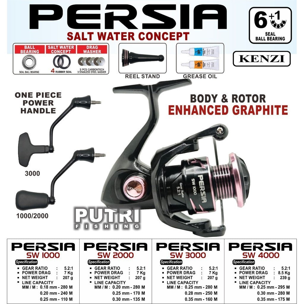 Reel KENZI PERSIA SW 1000 2000 3000 4000 Power Handle Free Reel Stand & Grease Gulungan Pancing