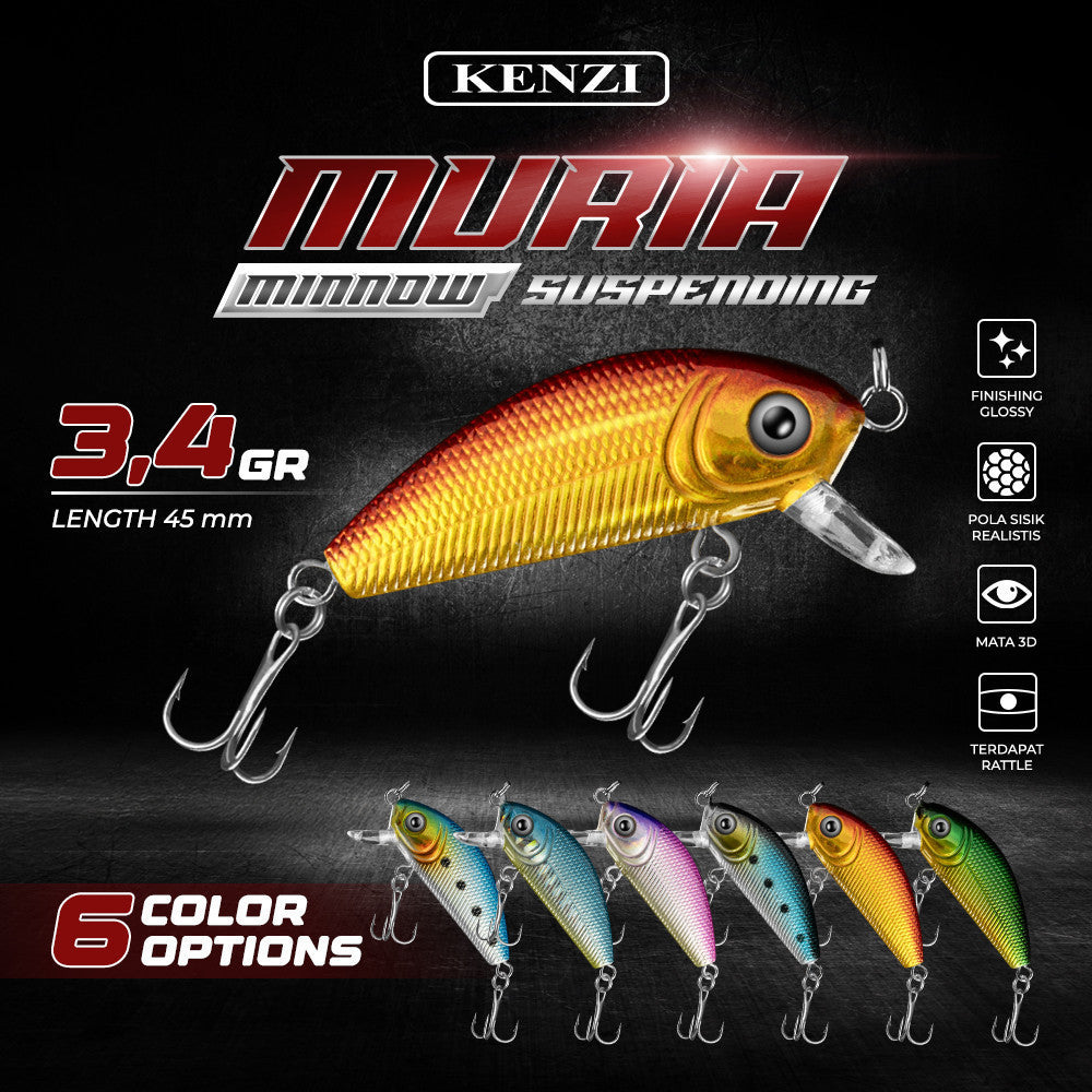 KENZI MURIA 45mm 3.4gr - Umpan Pancing Lure Mancing Tiruan Ikan Air Laut & Tawar Hard Bait