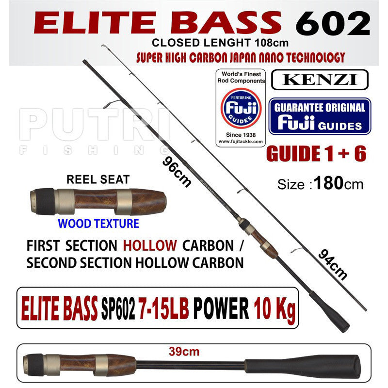 KENZI ELITE BASS 602 Hollow Carbon Spinning Full Fuji Guides 6-14lbs 7-15lbs 8-17lbs 10-20lbs - Joran Stik Pancing