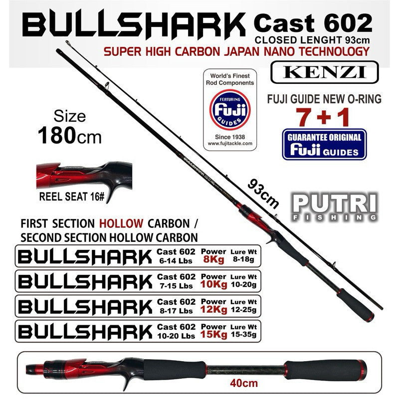 KENZI BULLSHARK 602 Hollow Carbon 6-14lbs 7-15lbs 8-17lbs 10-20lbs Baitcasting - Joran Stik Pancing