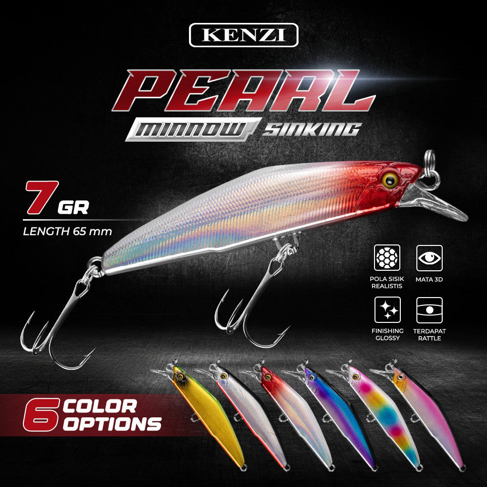 Umpan LURE KENZI PEARL 65mm 7gr - SINKING Lures Umpan Pancing Tenggelam Ikan Predator Galatama Sungai Hook Treble Hook Size 8 Tajam