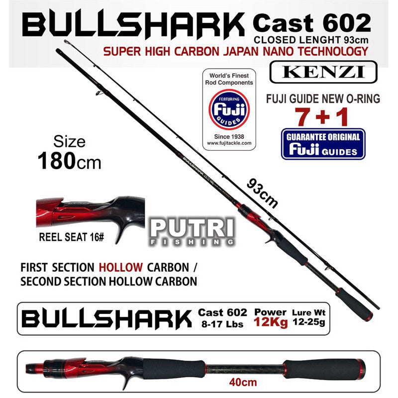 KENZI BULLSHARK 602 Hollow Carbon 6-14lbs 7-15lbs 8-17lbs 10-20lbs Baitcasting - Joran Stik Pancing