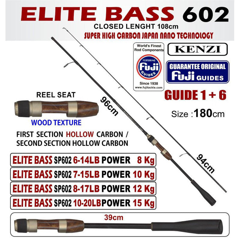 KENZI ELITE BASS 602 Hollow Carbon Spinning Full Fuji Guides 6-14lbs 7-15lbs 8-17lbs 10-20lbs - Joran Stik Pancing