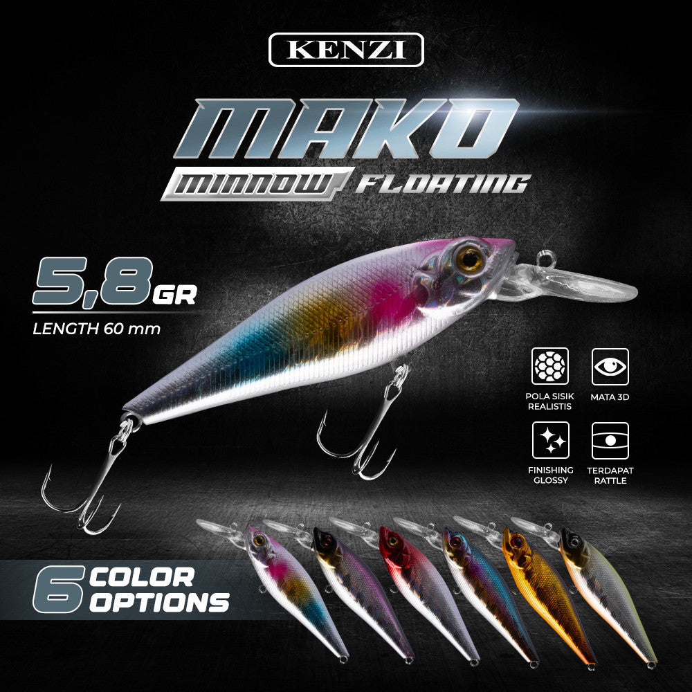 Umpan LURE KENZI MAKO 80mm 11.8gr - MINNOW FLOATING Lures Mata 3D Hook Tajam Kuat Gabus Kerapu Umpan Pancing Realistik