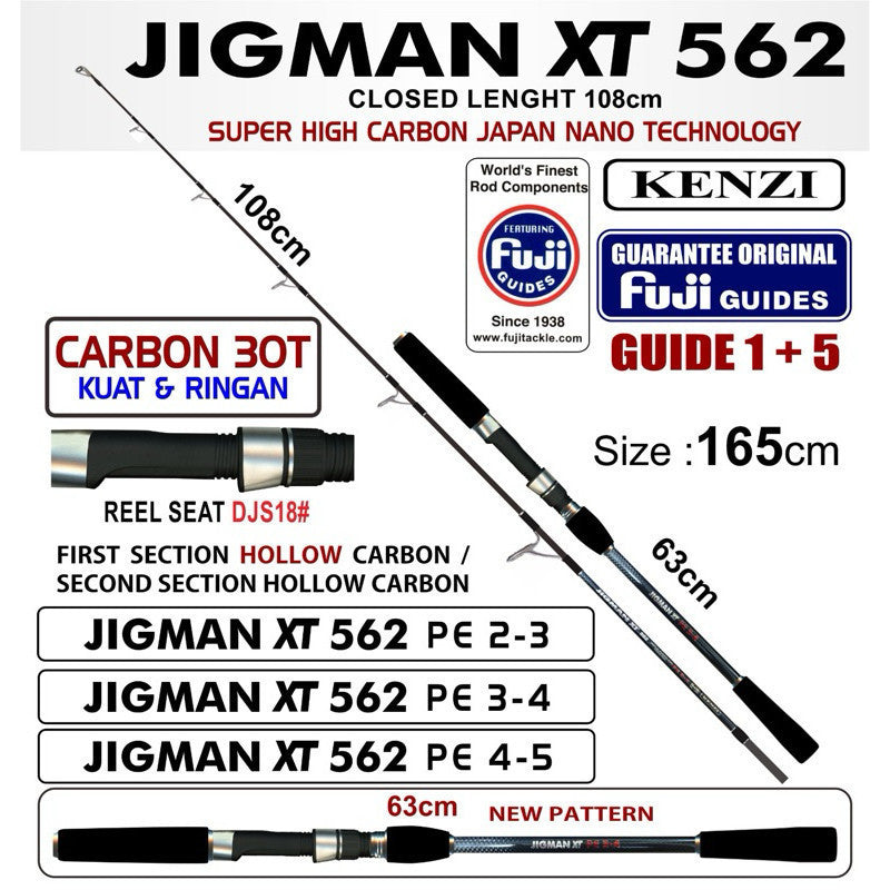 KENZI JIGMAN XT 562 Fuji Guides Hollow Carbon PE2-3 PE3-4 PE 4-5 Jigging Spinning - Joran Stik Pancing