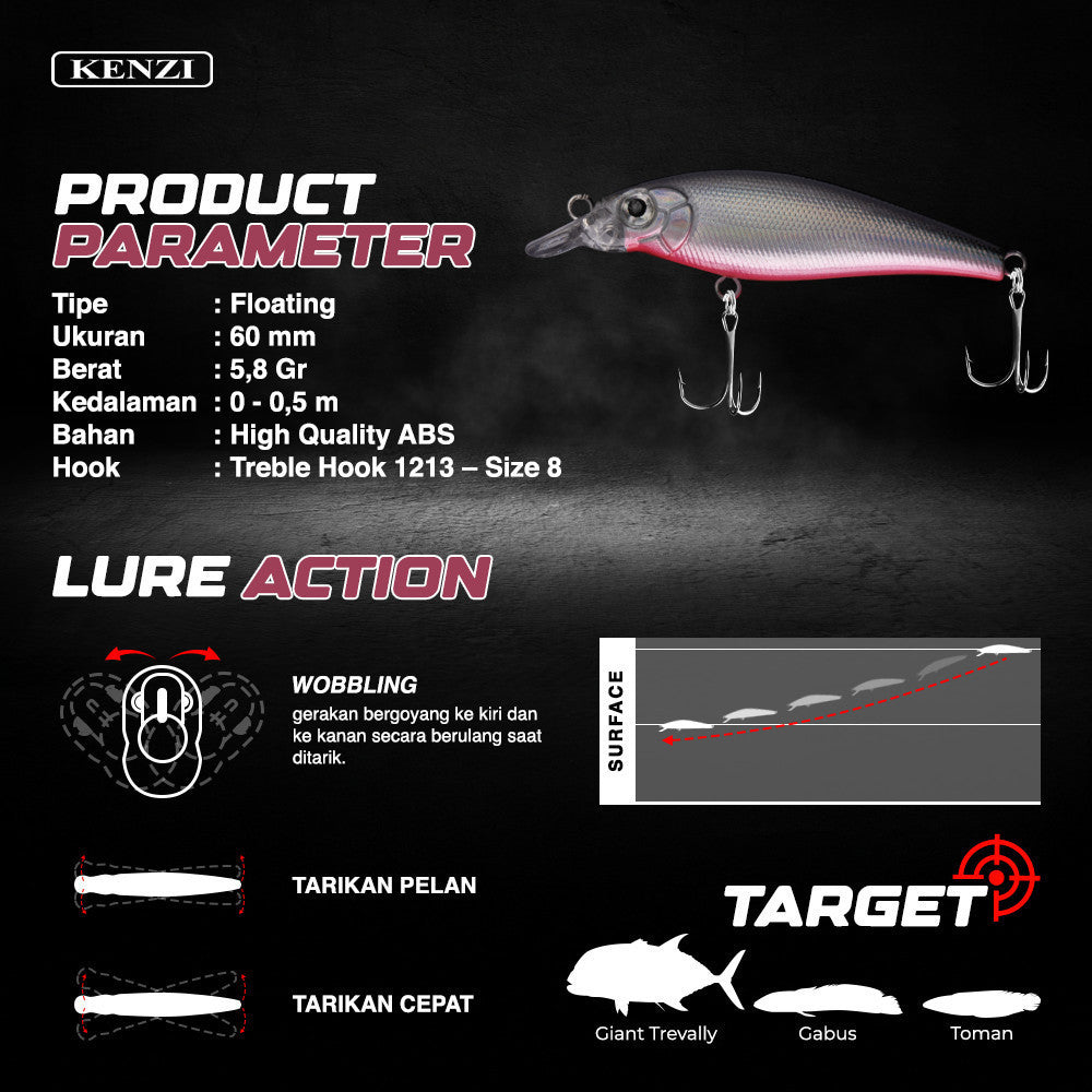 Umpan LURE KENZI JASMINE 60mm 5.8gr - FLOATING Lures Umpan Gabus Nila Sepat Treble Hook Size 8 Tajam