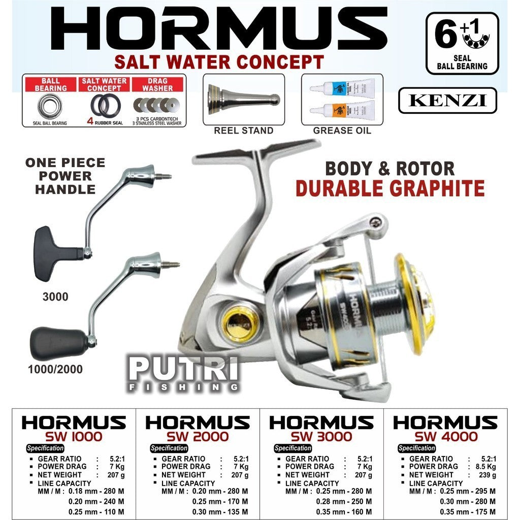 Reel KENZI HORMUS SW One Piece Power Handle Spinning 1000 2000 3000 4000