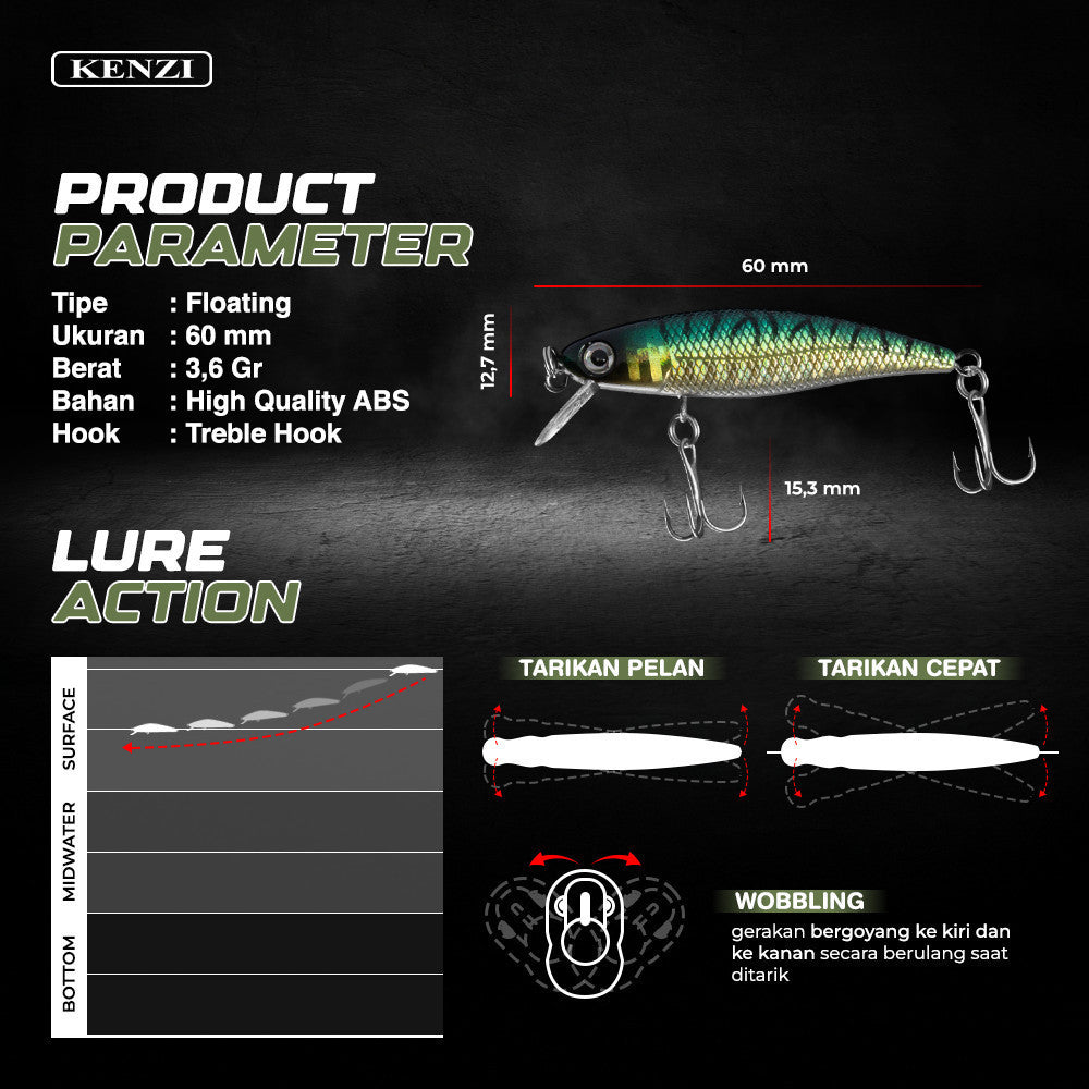 KENZI MILO  60mm 3.6gr - Umpan Pancing MINNOW FLOATING Lure Mancing Tiruan Ikan Air Laut & Tawar Hard Bait