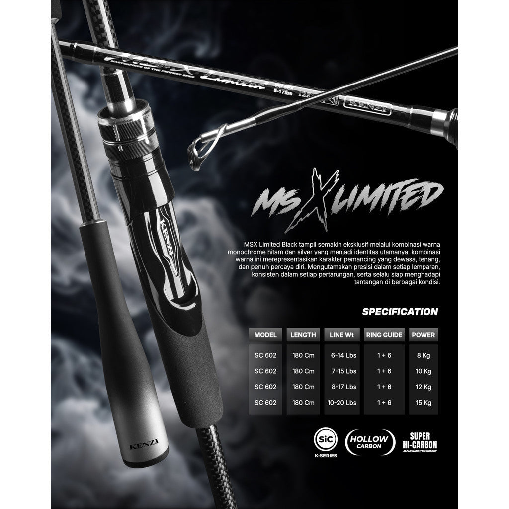 KENZI MS-X LIMITED 602 Spinning Hollow Carbon Casting 6-14lbs 7-15lbs 8-17lbs 10-20lbs - Joran Stik Pancing