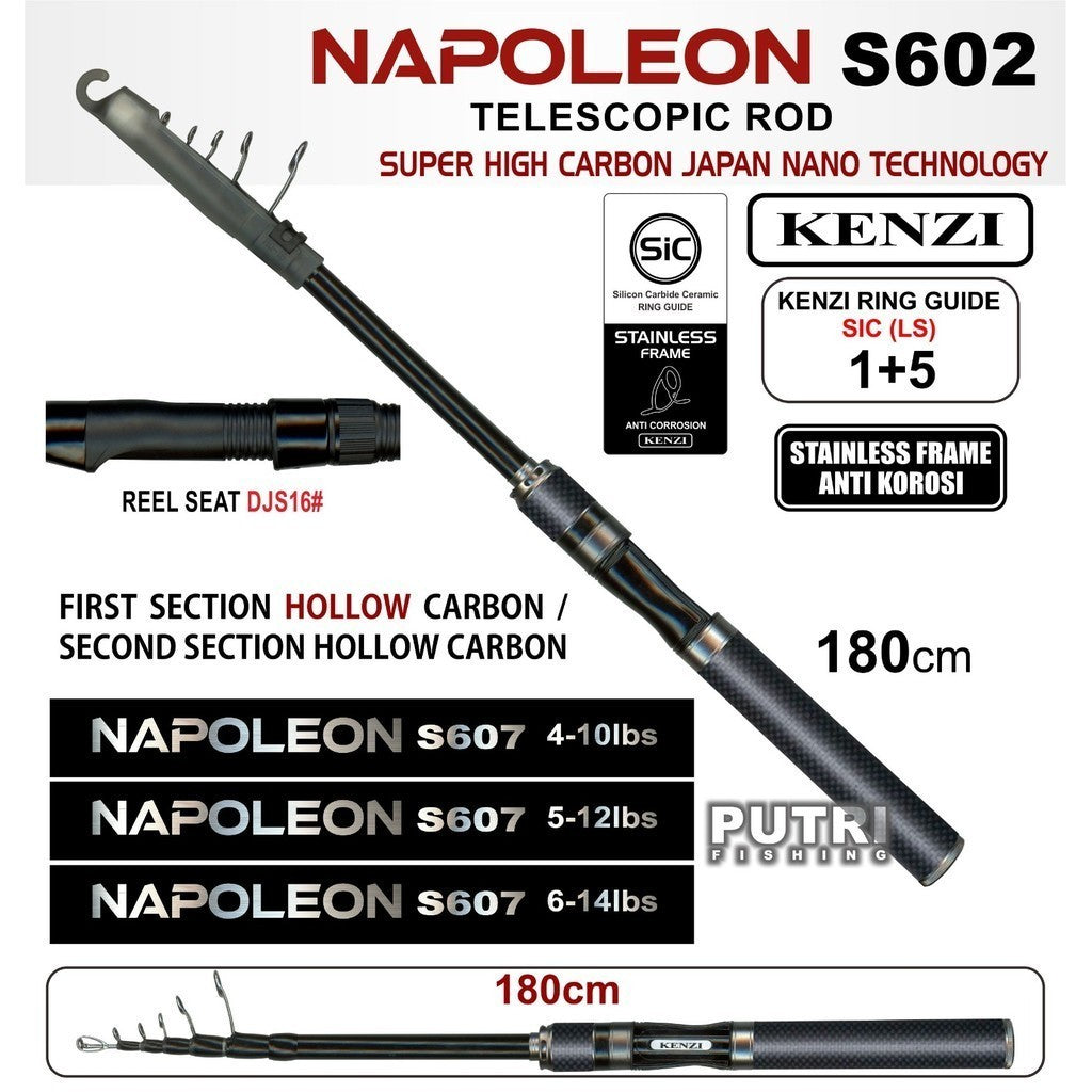 Joran Antena KENZI NAPOLEON 180cm Telescopic Rod 4-10 Lbs 5-12lbs 6-14lbs Carbon Hollow Ring SiC Anti Korosi
