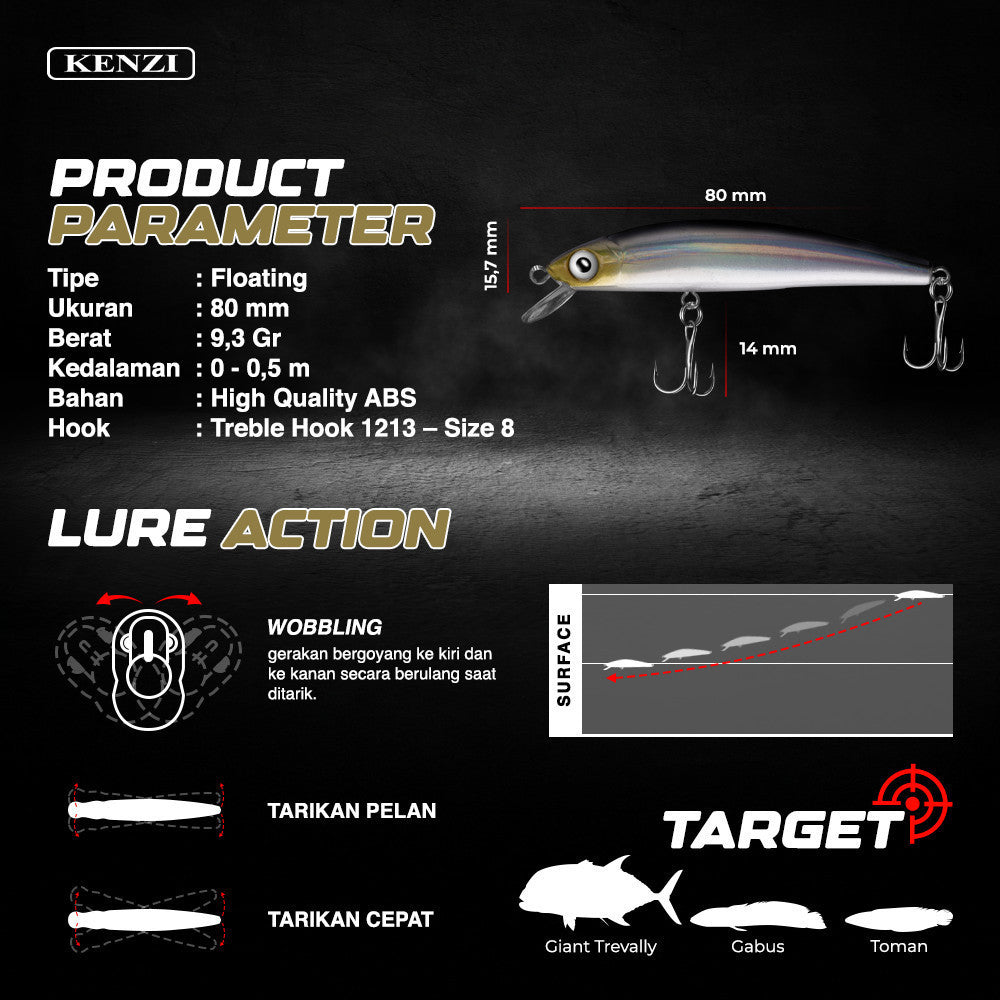 Umpan LURE KENZI CLOVER 80mm 9.3gr - MINNOW FLOATING Umpan Pancing Gabus Nila Hampala Lures with Treble Hook Tajam Kuat